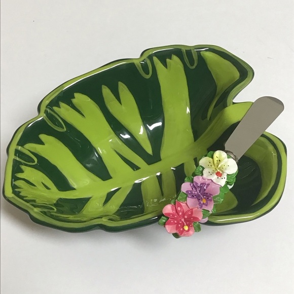 Tropical Leaf Serving Bowl Floral Spreader Green Ceramic Dip Fruit Hawaii Luau - Picture 15 of 16